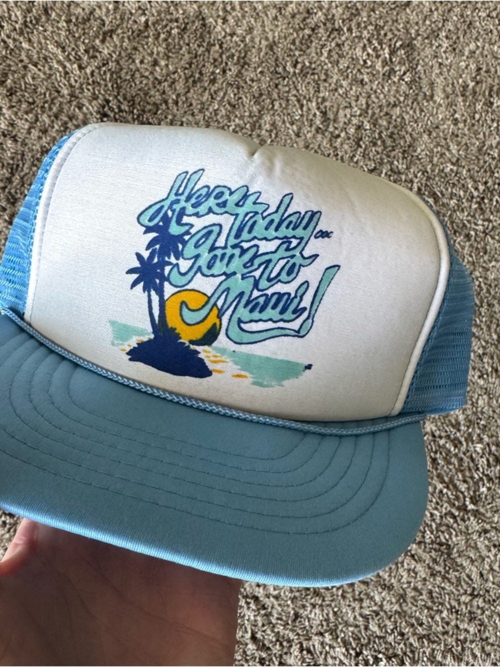 Here Today Gone To Maui Vintage Aqua Foam Trucker Hat with Beach Graphic